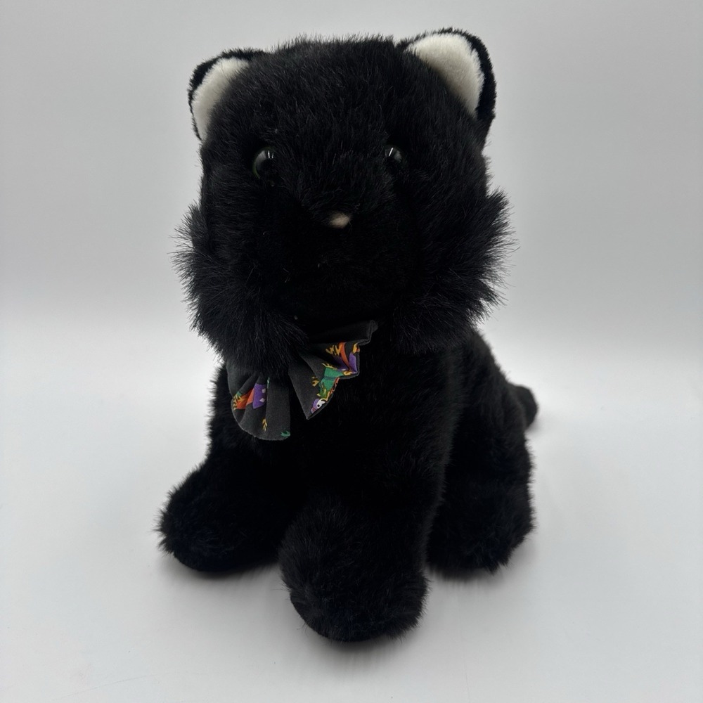 Commonwealth Black Cat Plush Green Eyes Scarecrow Bow 10" Sit Halloween Fall